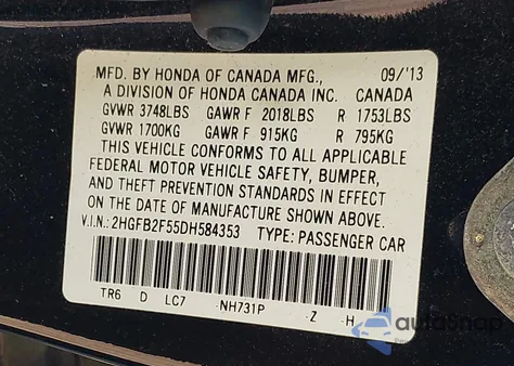 2013 Honda Civic Lx z USA, uszkodzony, nr VIN 2HGFB2F55DH584353